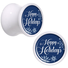 Load image into Gallery viewer, Happy Holidays Snowflake White Acrylic Saddle Plug Set Sizes 8mm to 20mm