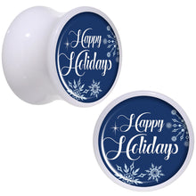 Load image into Gallery viewer, Happy Holidays Snowflake White Acrylic Saddle Plug Set Sizes 8mm to 20mm