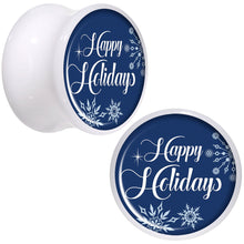 Load image into Gallery viewer, Happy Holidays Snowflake White Acrylic Saddle Plug Set Sizes 8mm to 20mm