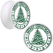 Load image into Gallery viewer, Merry Christmas Tree White Acrylic Saddle Plug Set Sizes 5mm to 20mm