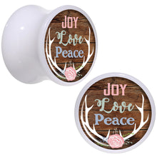 Load image into Gallery viewer, Rustic Joy Love Peace Antlers White Acrylic Saddle Plug Set Sizes 5mm to 20mm