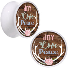 Load image into Gallery viewer, Rustic Joy Love Peace Antlers White Acrylic Saddle Plug Set Sizes 5mm to 20mm