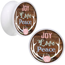 Load image into Gallery viewer, Rustic Joy Love Peace Antlers White Acrylic Saddle Plug Set Sizes 5mm to 20mm