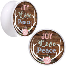 Load image into Gallery viewer, Rustic Joy Love Peace Antlers White Acrylic Saddle Plug Set Sizes 5mm to 20mm