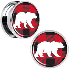 Load image into Gallery viewer, Red Black Plaid Polar Bear Screw Fit Plug Set Sizes 5mm to 20mm
