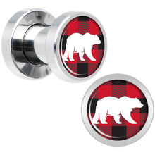Load image into Gallery viewer, Red Black Plaid Polar Bear Screw Fit Plug Set Sizes 5mm to 20mm