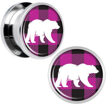 Load image into Gallery viewer, Pink Black Plaid Polar Bear Screw Fit Plug Set Sizes 5mm to 20mm