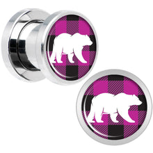 Load image into Gallery viewer, Pink Black Plaid Polar Bear Screw Fit Plug Set Sizes 5mm to 20mm