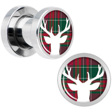 Load image into Gallery viewer, Red Green Plaid Reindeer Screw Fit Plug Set Sizes 5mm to 20mm