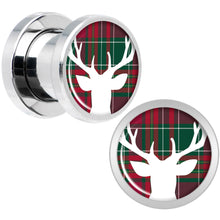 Load image into Gallery viewer, Red Green Plaid Reindeer Screw Fit Plug Set Sizes 5mm to 20mm