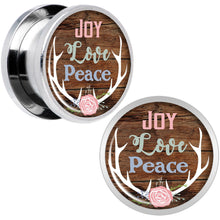 Load image into Gallery viewer, Rustic Joy Love Peace Antlers Screw Fit Plug Set Sizes 5mm to 20mm