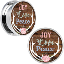 Load image into Gallery viewer, Rustic Joy Love Peace Antlers Screw Fit Plug Set Sizes 5mm to 20mm