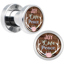 Load image into Gallery viewer, Rustic Joy Love Peace Antlers Screw Fit Plug Set Sizes 5mm to 20mm