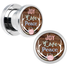 Load image into Gallery viewer, Rustic Joy Love Peace Antlers Screw Fit Plug Set Sizes 5mm to 20mm