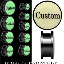 Load image into Gallery viewer, Custom Personalized Glow in the Dark Screw Fit Plug in Anodized Black Titanium - buy 2 for a pair