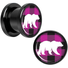 Load image into Gallery viewer, Pink Black Plaid Polar Bear Black Screw Fit Plug Set Sizes 5mm to 20mm