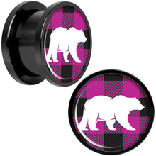 Load image into Gallery viewer, Pink Black Plaid Polar Bear Black Screw Fit Plug Set Sizes 5mm to 20mm