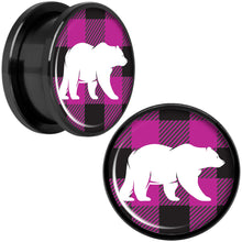 Load image into Gallery viewer, Pink Black Plaid Polar Bear Black Screw Fit Plug Set Sizes 5mm to 20mm