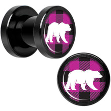 Load image into Gallery viewer, Pink Black Plaid Polar Bear Black Screw Fit Plug Set Sizes 5mm to 20mm