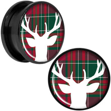 Load image into Gallery viewer, Red Green Plaid Reindeer Black Screw Fit Plug Set Sizes 5mm to 20mm