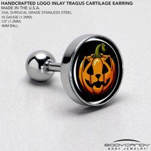 Load image into Gallery viewer, 16G 1/4 Pumpkin Cat Jack-O-Lantern Tragus Cartilage Earring by Onyx O