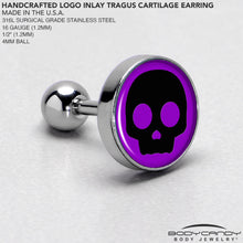 Load image into Gallery viewer, 16G 1/4 Purple Black Simple Skull Tragus Cartilage Earring by Onyx O