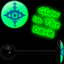 Load image into Gallery viewer, Glow in the Dark Black Anodized Evil Eye Barbell Tongue Ring by Onyx O