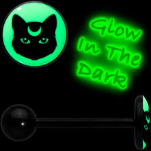 Load image into Gallery viewer, Glow in the Dark Black Anodized Mystic Kitty Cat Barbell Tongue Ring by Onyx O