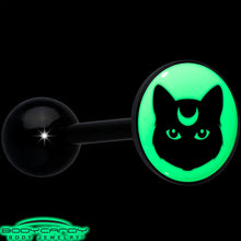 Load image into Gallery viewer, Glow in the Dark Black Anodized Mystic Kitty Cat Barbell Tongue Ring by Onyx O
