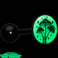 Load image into Gallery viewer, Glow in the Dark Black Anodized Mystic Mushroom Barbell Tongue Ring by Onyx O