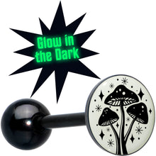 Load image into Gallery viewer, Glow in the Dark Black Anodized Mystic Mushroom Barbell Tongue Ring by Onyx O