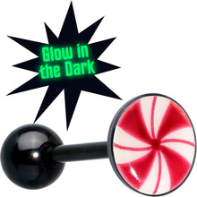 Load image into Gallery viewer, Glow in the Dark Black Anodized Holiday Peppermint Candy Barbell Tongue Ring by Onyx O