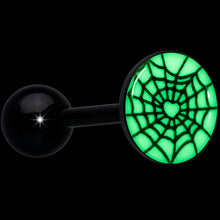 Load image into Gallery viewer, Black Glow in the Dark Heart Spider Web Barbell Tongue Ring by Onyx O
