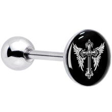 Load image into Gallery viewer, Black White Winged Cross Barbell Tongue Ring by Onyx O