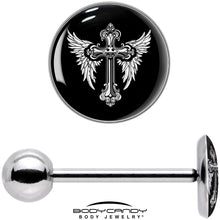 Load image into Gallery viewer, Black White Winged Cross Barbell Tongue Ring by Onyx O
