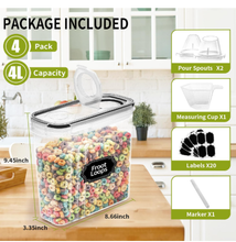 Load image into Gallery viewer, 4-Piece Set: Airtight Cereal Storage Containers with Pour Spouts & Measuring Cup – 4L Kitchen Pantry Organizer