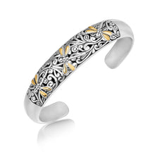Load image into Gallery viewer, 18k Yellow Gold and Sterling Silver Cuff with Dragonfly and Flourishes