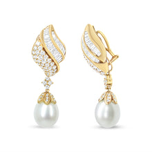 Load image into Gallery viewer, 18k Yellow Gold 7.0 Cttw Baguette and Round Diamond South Sea Pearl Drop Dangle Clip-On Earrings (F-G Color, VS1-VS2 Clarity)