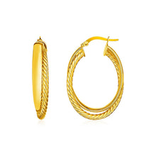 Load image into Gallery viewer, 14k Yellow Gold Two Part Textured Twisted Oval Hoop Earrings