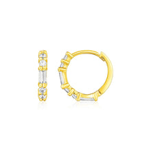Load image into Gallery viewer, 14k Yellow Gold Petite Hoop Earrings with Baguette Cubic Zirconias