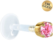 Load image into Gallery viewer, 16G 5/16 Solid 14K Yellow Gold 3mm Pink Cubic Zirconia Bioplast Tragus Earring Stud
