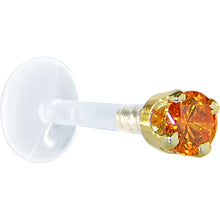 Load image into Gallery viewer, 16G 5/16 Solid 14K Yellow Gold 3mm Orange Cubic Zirconia Bioplast Tragus Earring Stud