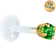Load image into Gallery viewer, 16G 5/16 Solid 14K Yellow Gold 3mm Green Cubic Zirconia Bioplast Tragus Earring Stud