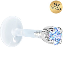 Load image into Gallery viewer, 16G 5/16 Solid 14K White Gold 3mm Plexi Blue Cubic Zirconia Bioplast Tragus Earring Stud