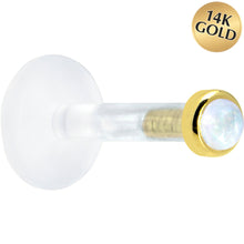 Load image into Gallery viewer, Solid 14K Yellow Gold 2mm Genuine Rainbow Moonstone Bioplast Push in Labret