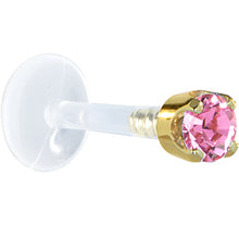 Load image into Gallery viewer, 16G 1/4 Solid 14K Yellow Gold 3mm Pink Cubic Zirconia Bioplast Tragus Earring Stud