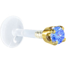 Load image into Gallery viewer, 16G 1/4 Solid 14K Yellow Gold 3mm Arctic Blue Cubic Zirconia Bioplast Tragus Earring Stud