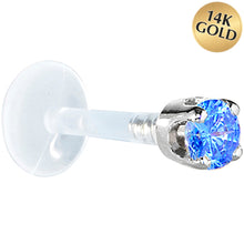 Load image into Gallery viewer, 16G 1/4 Solid 14K White Gold 3mm Arctic Blue Cubic Zirconia Bioplast Tragus Earring Stud