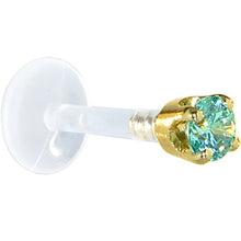 Load image into Gallery viewer, 16G 1/4 Solid 14K Yellow Gold 3mm Mint Green Cubic Zirconia Bioplast Tragus Earring Stud