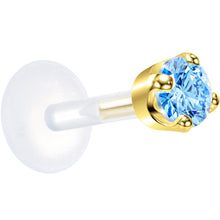 Load image into Gallery viewer, 16G 1/4 Solid 14K Yellow Gold 3mm Plexi Blue Cubic Zirconia Bioplast Tragus Earring Stud